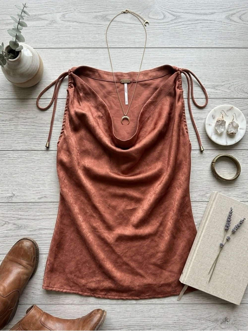 Free People Rust Tie-Shoulder Cowl Tank